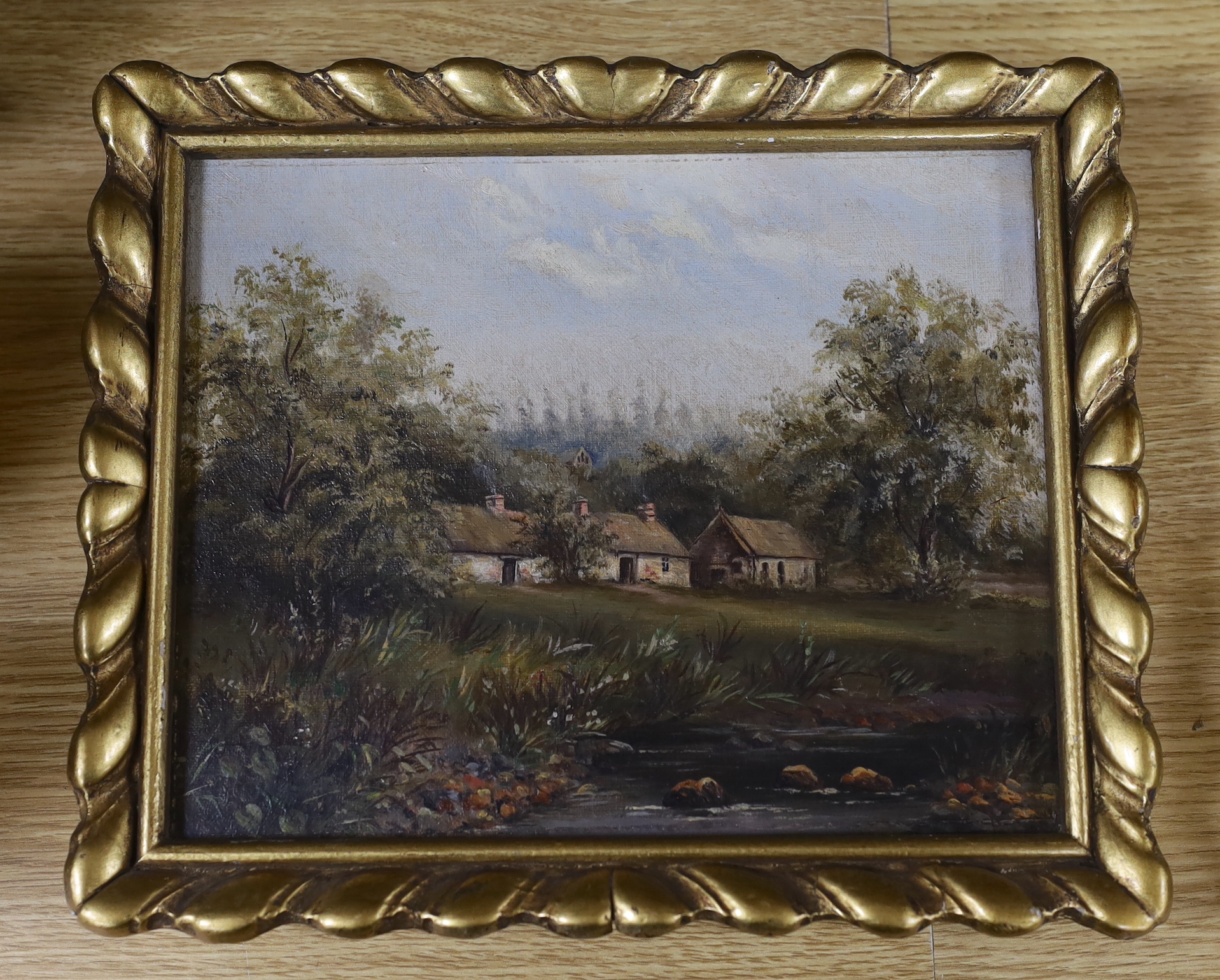 English School, oil on canvas, Cottages in a landscape, 20 x 25cm